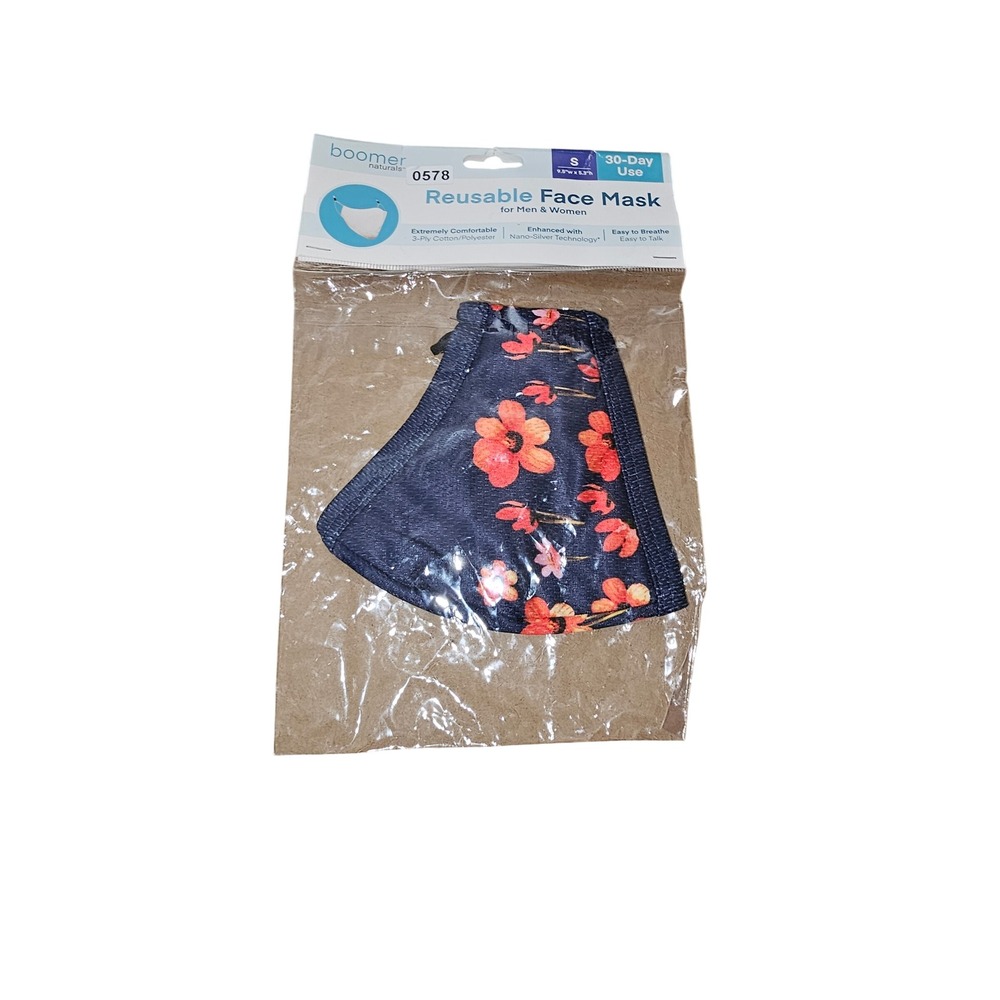 Boomer Naturals Reusable Face Mask Small Navy Blue Orange Floral 3-Ply #578